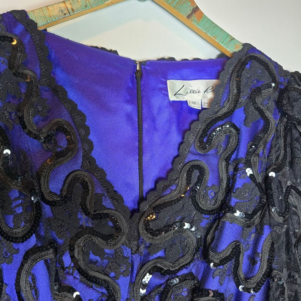 Vintage 1990s Lillie Rubin Royal Blue Sequin Lace Satin Pleat Evening Gown, 8 - Picture 8 of 13